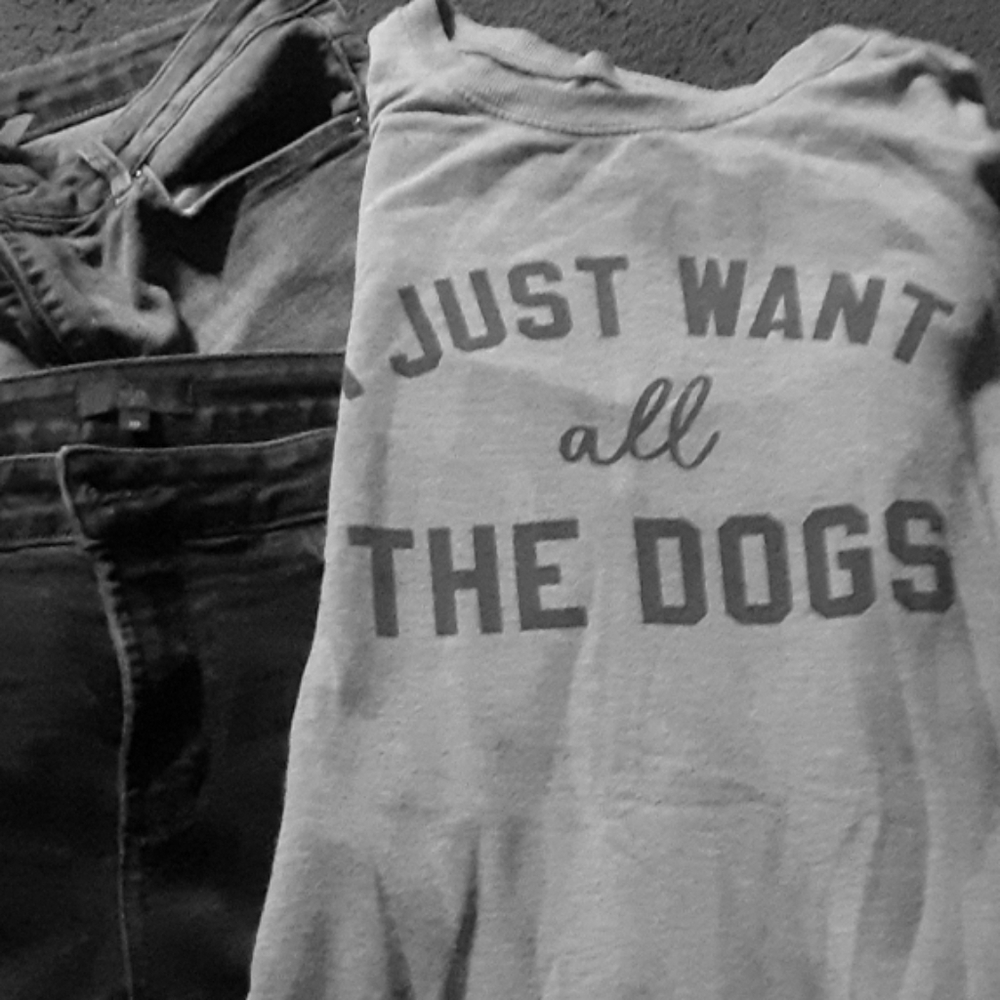 2 pairs of jeans and sweatshirt.